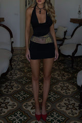 Cowl Neckline Hot Drilling Bodycon Halter Mini Dresses - Black