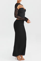 Lace Patchwork Long Sleeve Corset Slim Fit Maxi Skirt Matching Set - Black