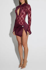 Cutout Jacquard Bodysuit Slit Mini Skirt 2pcs Set - Burgundy