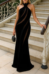 Mesh Patchwork Halter Fishtail Velvet Gowns Maxi Dresses - Black Pre Order