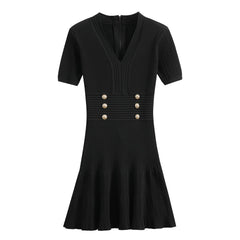 V-neck waist cinched knitted dress for children with a high-end feel, zipper slimming, hip hugging fishtail skirt