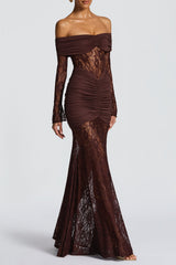 Jacquard Lace Patchwork Off Shoulder Long Sleeve Ruched Maxi Dresses - Yellow