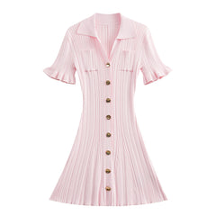 girl pink sweet shirt collar with black fungus edge sleeves waist cinched umbrella skirt fish tail knitted slimming dress