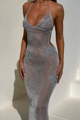 Butterfly Pattern Halter Backless Knit Shimmery Maxi Dresses - Grey