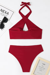 Crossover Cut Out Halter Neck Metal Decor High Waist Bikini Two - Piece Set Swimsuit