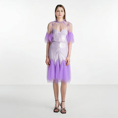 Lace collar loose petal short sleeved mesh dress, women's patchwork puffy skirt, hood skirt