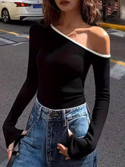 Contrast Trim One Shoulder Long Sleeve Top