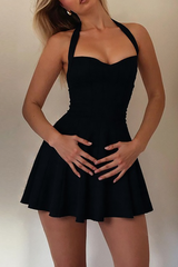 Halter Neck Cinch Waist Solid Color Mini Dresses - Black