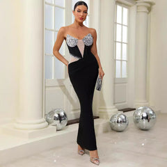 sexy V-neck diamond chest cup mesh backless bandage dress high elastic evening dress