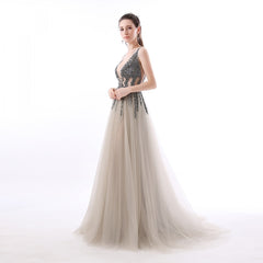 Sexy Side Split Prom Dresses Deep V-Neck Backless Beads Crystal Party Gowns Sleeveless Sweep Train Cheap Tulle Party Dress