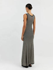 Women Striped Hollow Out Knitted Dress Elegant O Neck Sleeveless Vestidos Female Beach Vacation Robes