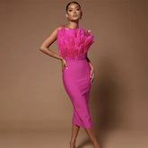 Temperament Sexy Slim Party Dress Women Strapless Off Shoulder Sleeveless Zipper Three Dimensional Feathers Midi dress