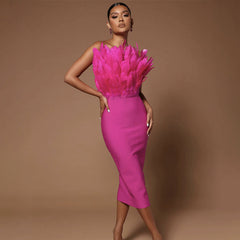 Temperament Sexy Slim Party Dress Women Strapless Off Shoulder Sleeveless Zipper Three Dimensional Feathers Midi dress