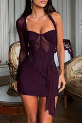 One Sleeve Halter Corset Design Asymmetrical Mini Dresses - Purple