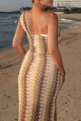 Abstract Striped Knit One Shoulder Bodycon Vacation Maxi Dresses - Yellow