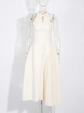 Solid Hollow Out Patchwork Folds Elegant Dresses Lapel Sleeveless High Waist Spliced Zipper Dress Female Fashion