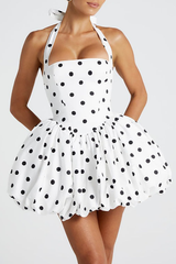 Polka Dot Print Halter Cinch Waist Bubble Mini Dresses - White Pre Order
