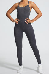 U Neckline Solid Color Slim Fit Open Back Sporty Cami Jumpsuit - Grey