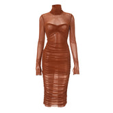 High neck mesh spliced long sleeved sexy hip hugging pleated dress