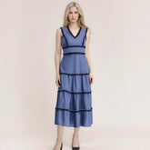 V-neck patchwork tassel pleated dress