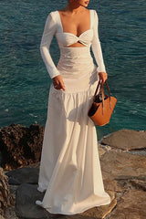 Irregular Neckline Long Sleeve Cutout Cinch Waist Plain Maxi Dresses - White