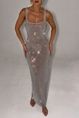 Glittering Hot Drilling Backless Party Maxi Slip Dresses - Silver