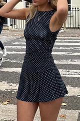 Polka Dot Print Cinch Waist Mini Tank Dresses - Navy