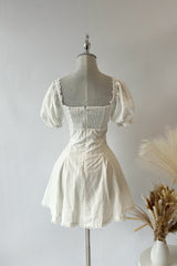 Square Neck Puff Sleeve Striped Godets Mini Dresses - White