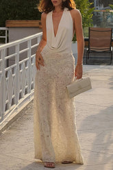 Floral Textured Hem Halter Cowl Neckline Maxi Dresses - Beige Pre Order