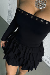 Eyelet Trim Strapless Layered Ruffled Mini Dresses Oversleeves Set - Black