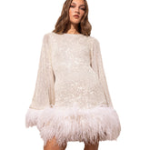 European and American waist length sexy short skirt dress with large backless long sleeved sequin feather dress