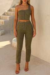 One Shoulder Lace Up Crop Top Slim Fit Pants 2pcs Set - Green Pre Order