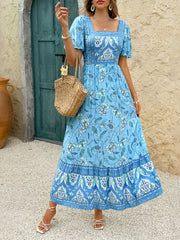 Holiday Light Blue Floral Print A-Line Maxi Dress