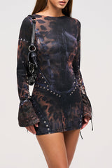 Leopard Print Flare Sleeve Studded Slim Fit Mini Dresses - Black