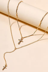 Rhinestone Cross Pendants Alloy Double - Layered Necklace - Gold