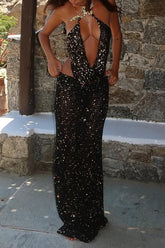 Metal Flower Halter Cowl Neck Top Sequin Knit Maxi Skirt Set - Black Pre Order