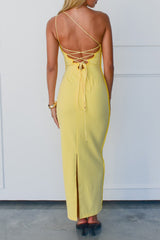 One Shoulder Backless Lace Up Slim Fit Maxi Dresses - Yellow