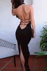Halter Neck Open Back Solid Color Bodycon Maxi Dresses - Black