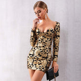 Long Sleeve Sequin Deep V Gold Mini Club Dress