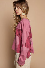 Strickoberteil mit halbhohem Knopf und überschnittener Schulter in Farbblock-Optik