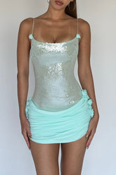 Sequin Patchwork 3D Flower Ruched Slip Mini Dresses - MintGreen