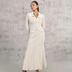 Ivory fishtail maxi dress delicate and elegant ribbed knit long sleeve stretch slim wrap Womens dresses spring new