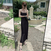 Spaghetti Strap Pleated Satin Dress Loose Casual Sexy Korean Party Dress Long Midi Dress Straight Slash Neck Dress