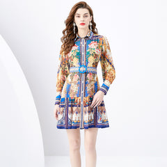 Palace style lapel lantern sleeve wavy edge short mini retro printed dress