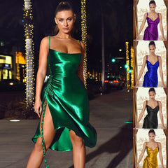 satin side slit suspender dress, sexy and temperament, slim fitting mid length skirt