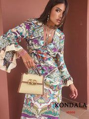 Vintage Flower Print V Neck Loose Long Dress Women Petal Sleeve Ruffles Fashionn Dress Boho Elegant Vestidos
