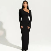 Sexy Black Evening Party Dress Women Elegant Fall Winter Outfits Asymmetrical Long Sleeve Slit Maxi Dresses 809