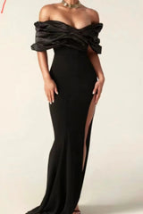 Black pleated edge strapless dress for slimming, tight fitting, and floor length, with a hip hugging design