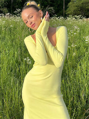 Knit Long Sleeve Maxi Dress Female Slim Solid Party Dress
