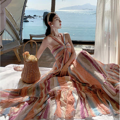 Dopamine Dress Rainbow Stripe Candy Gradient Hanging Neck Tie dye Long Dress